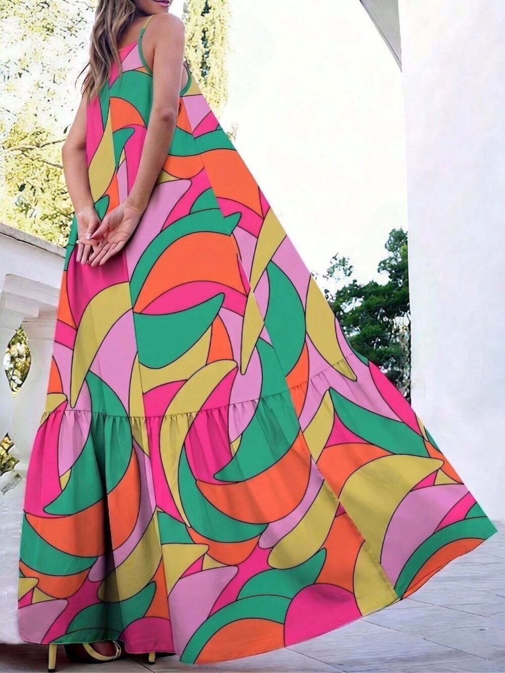 Multicolor Boho Women's Allover Print Ruffle Hem Casual maxi Dress - Picture 3 of 3